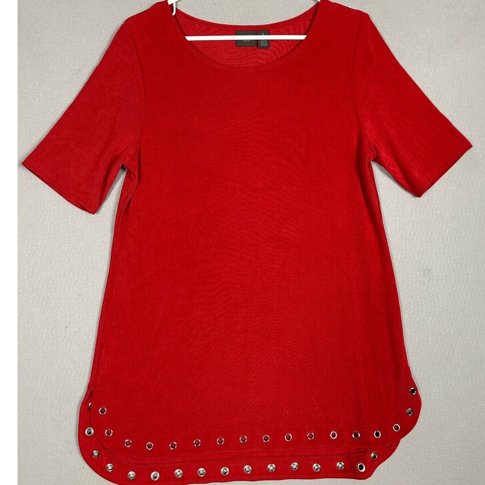 Chicos Travelers Tunic Tops Womens 1 Red Grommet Hem Short Sleeve Stretch EUC